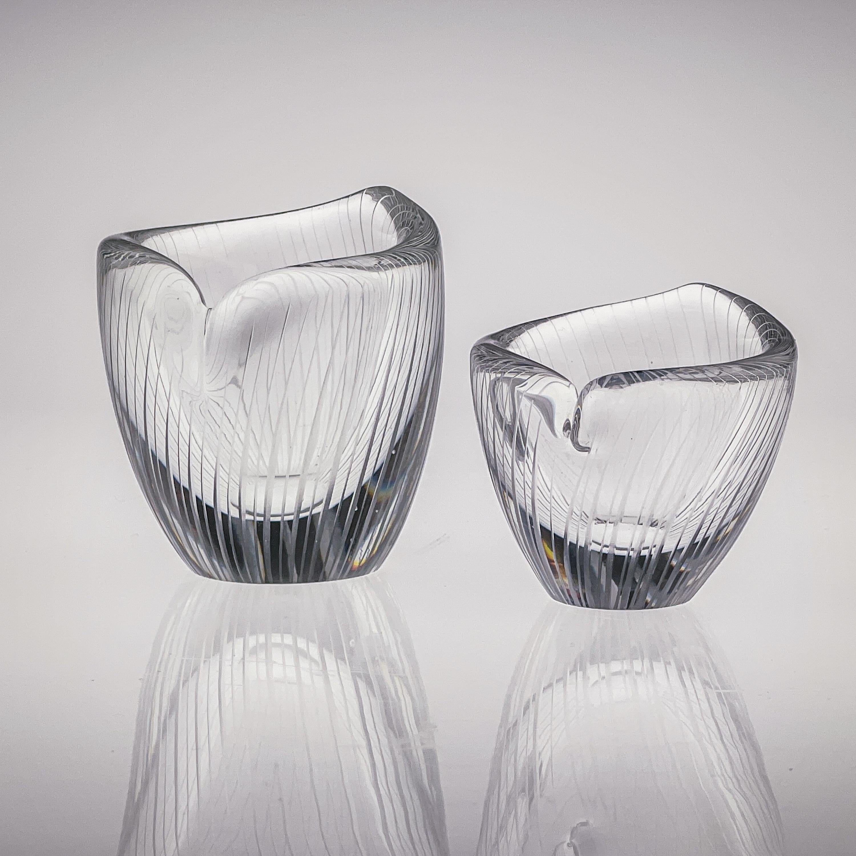 Finnish Scandinavian Modern Tapio Wirkkala Two Line Cut Crystal Art Objects Handblown  For Sale