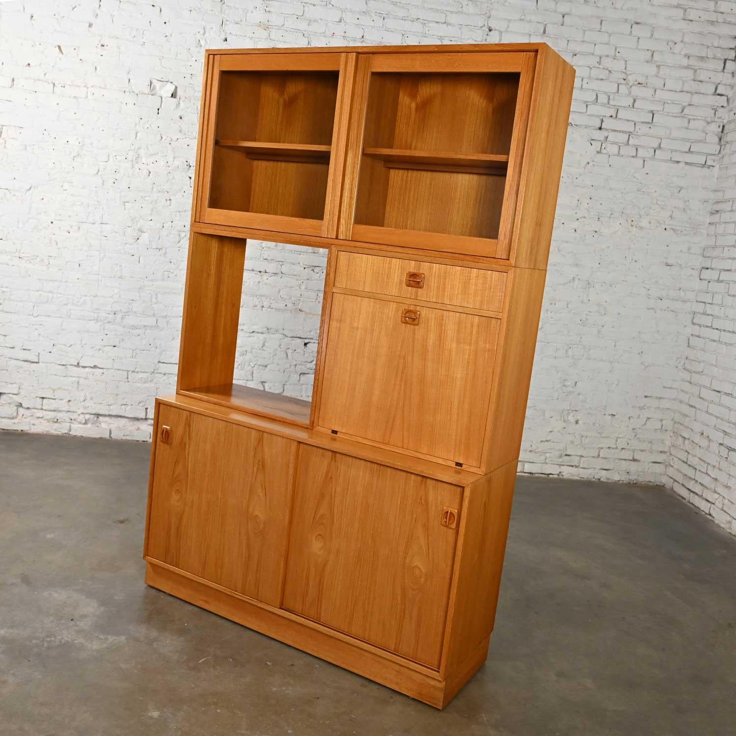 Glass Scandinavian Modern Teak 4 Part Triple Stacked Secretary Display Cabinet Dry Bar For Sale