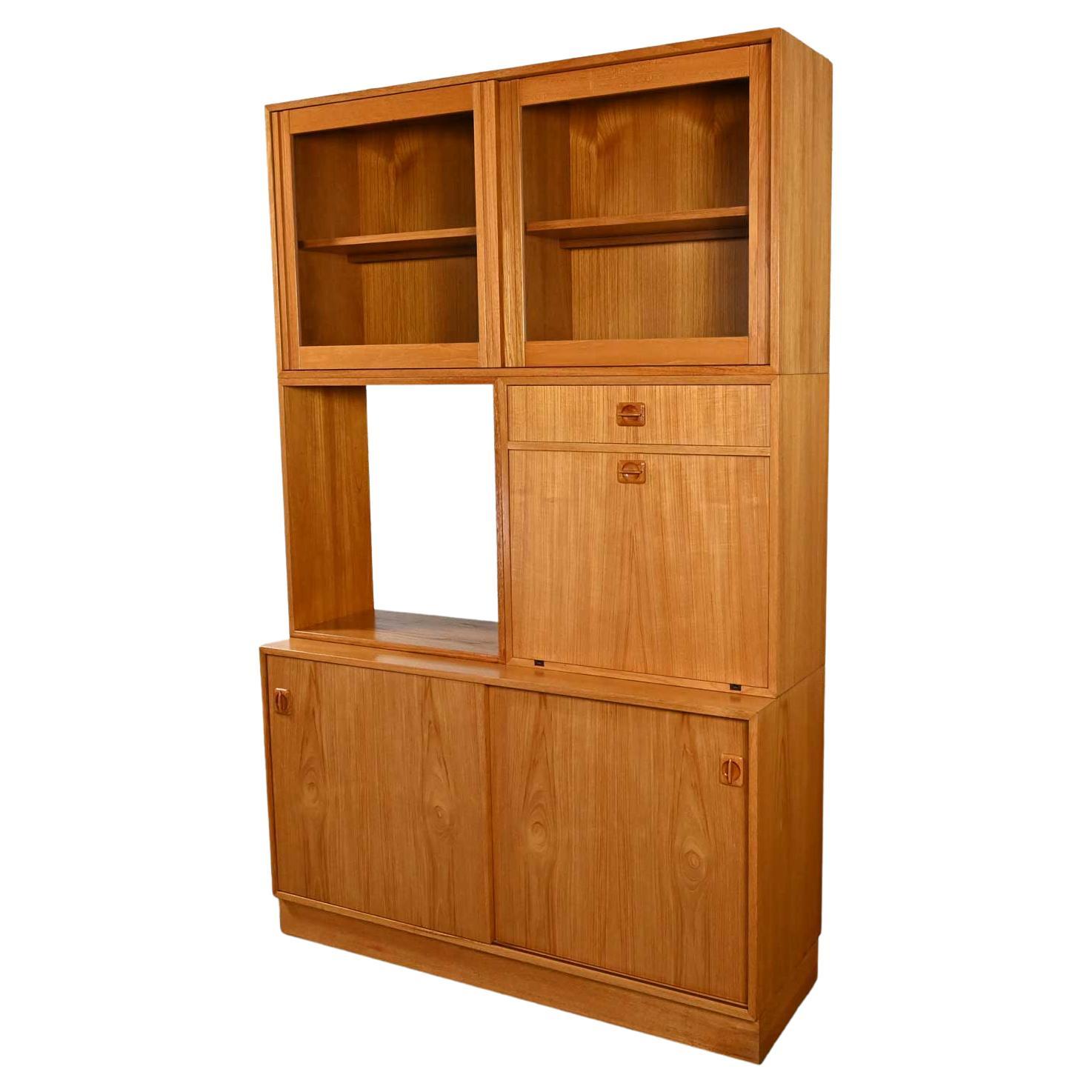 Scandinavian Modern Teak 4 Part Triple Stacked Secretary Display Cabinet Dry Bar For Sale