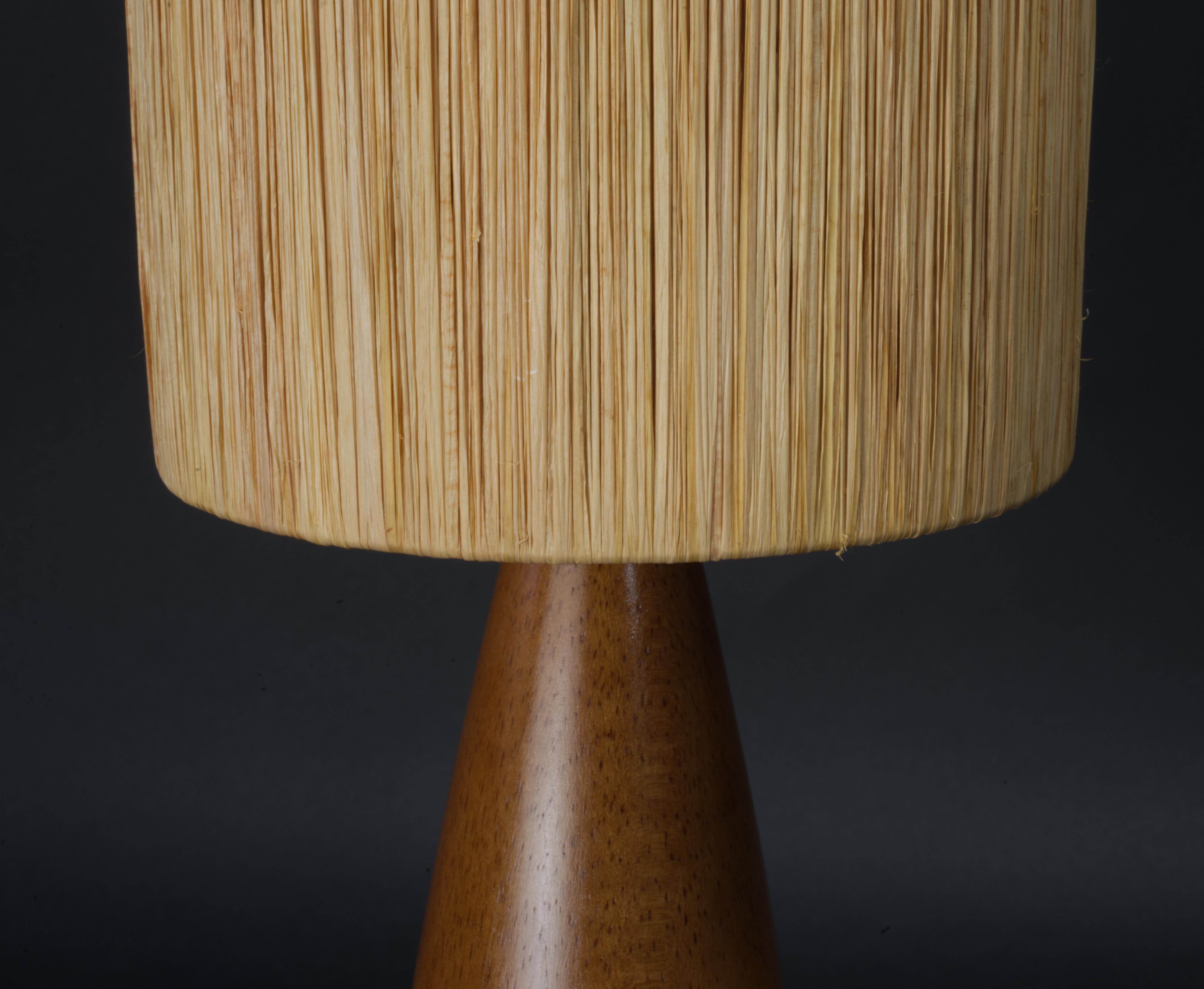 Lacquered Scandinavian Modern Teak Accent Table Lamp with Original Straw Shade, Mid Centur For Sale