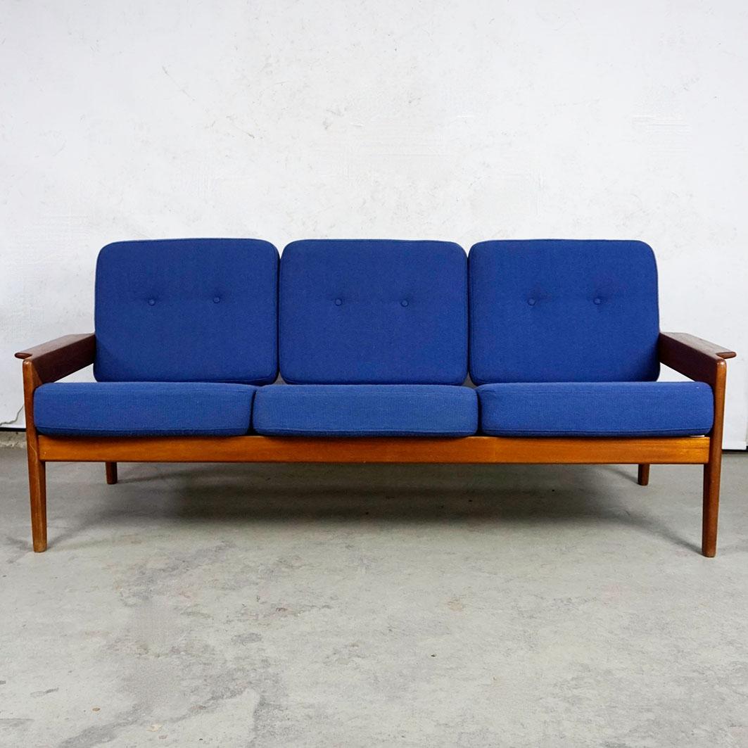 Scandinavian Modern Teak and blue Fabric Lounge Chair by A.W. Iversen 10