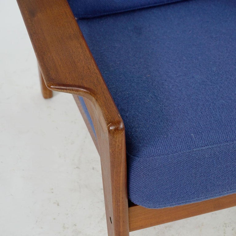 Scandinavian Modern Teak and blue Fabric Lounge Chair by A.W. Iversen