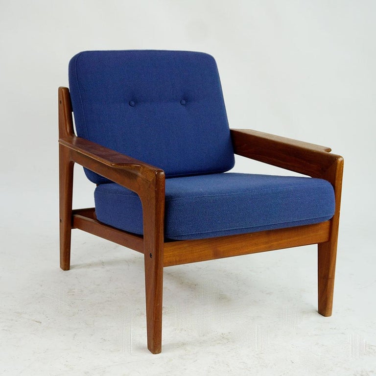 Scandinavian Modern Teak and blue Fabric Lounge Chair by A.W. Iversen