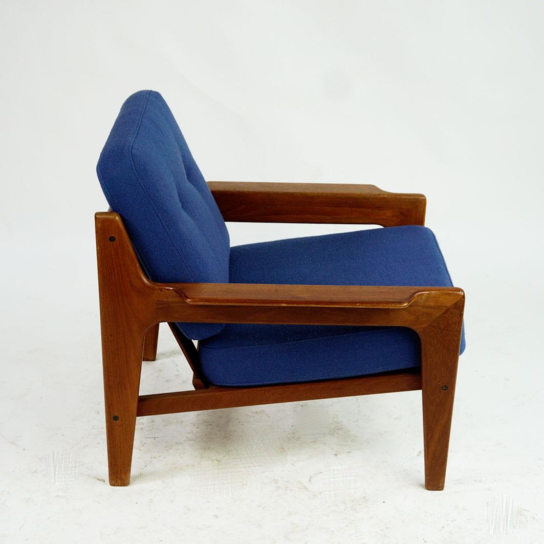 Scandinavian Modern Teak and blue Fabric Lounge Chair by A.W. Iversen 1