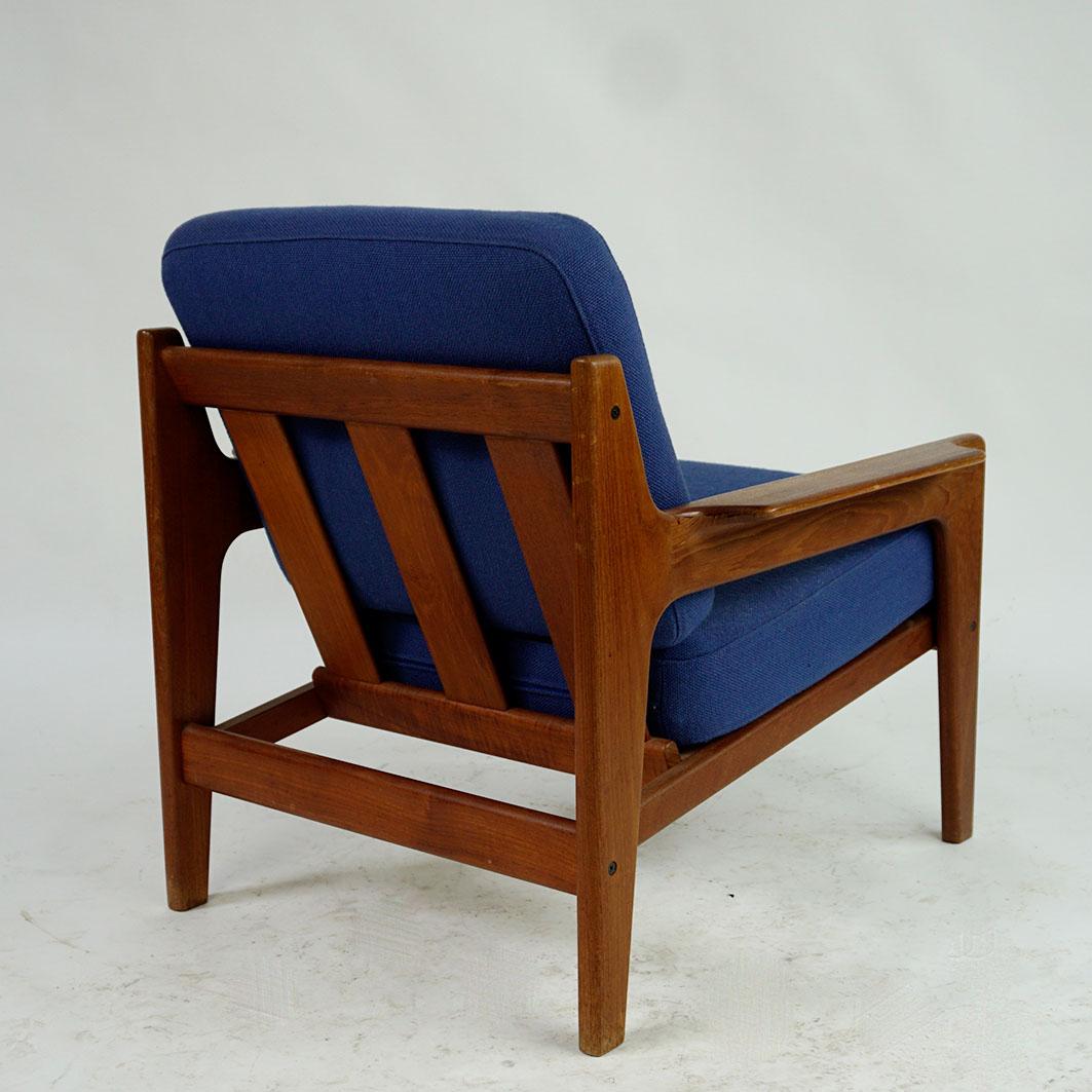 Scandinavian Modern Teak and blue Fabric Lounge Chair by A.W. Iversen 2