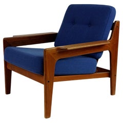 Scandinavian Modern Teak and blue Fabric Lounge Chair by A.W. Iversen