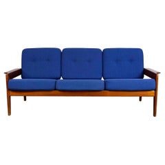 Scandinavian Modern Teak and blue Fabric Three Seat Sofa by A.W. Iversen