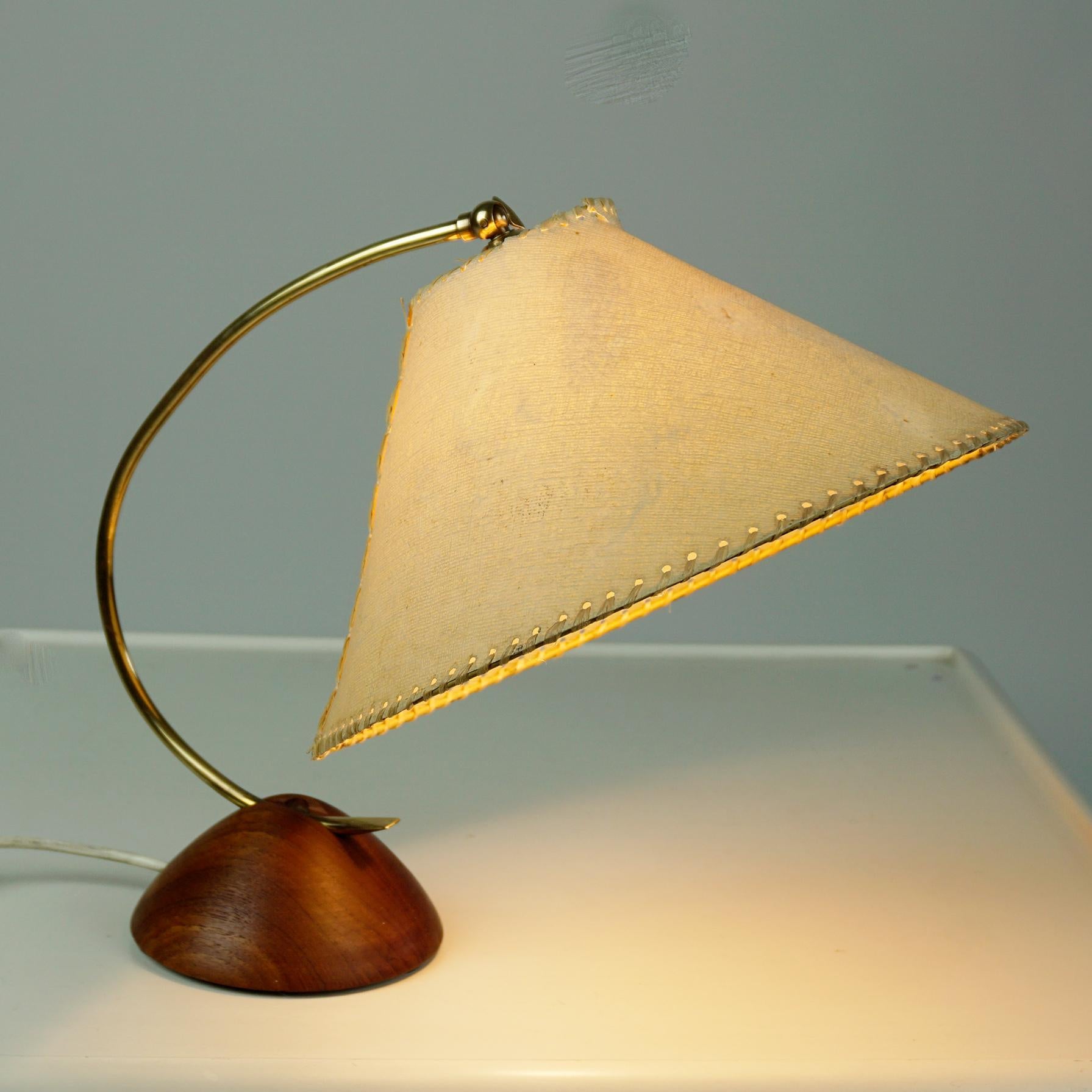 Danish Scandinavian Modern Teak and Brass Table Lamp with Original Paper Shade For Sale