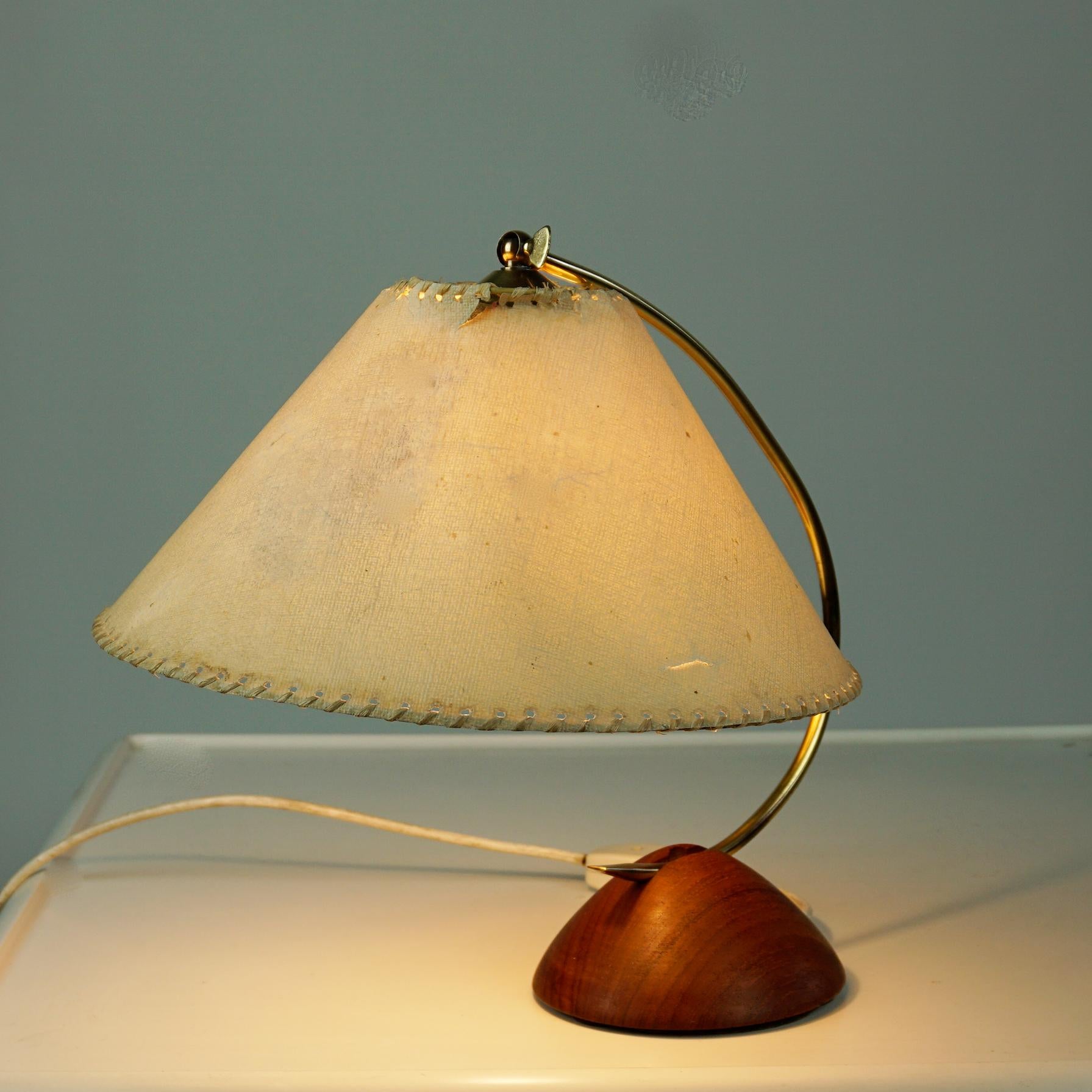 Turned Scandinavian Modern Teak and Brass Table Lamp with Original Paper Shade For Sale