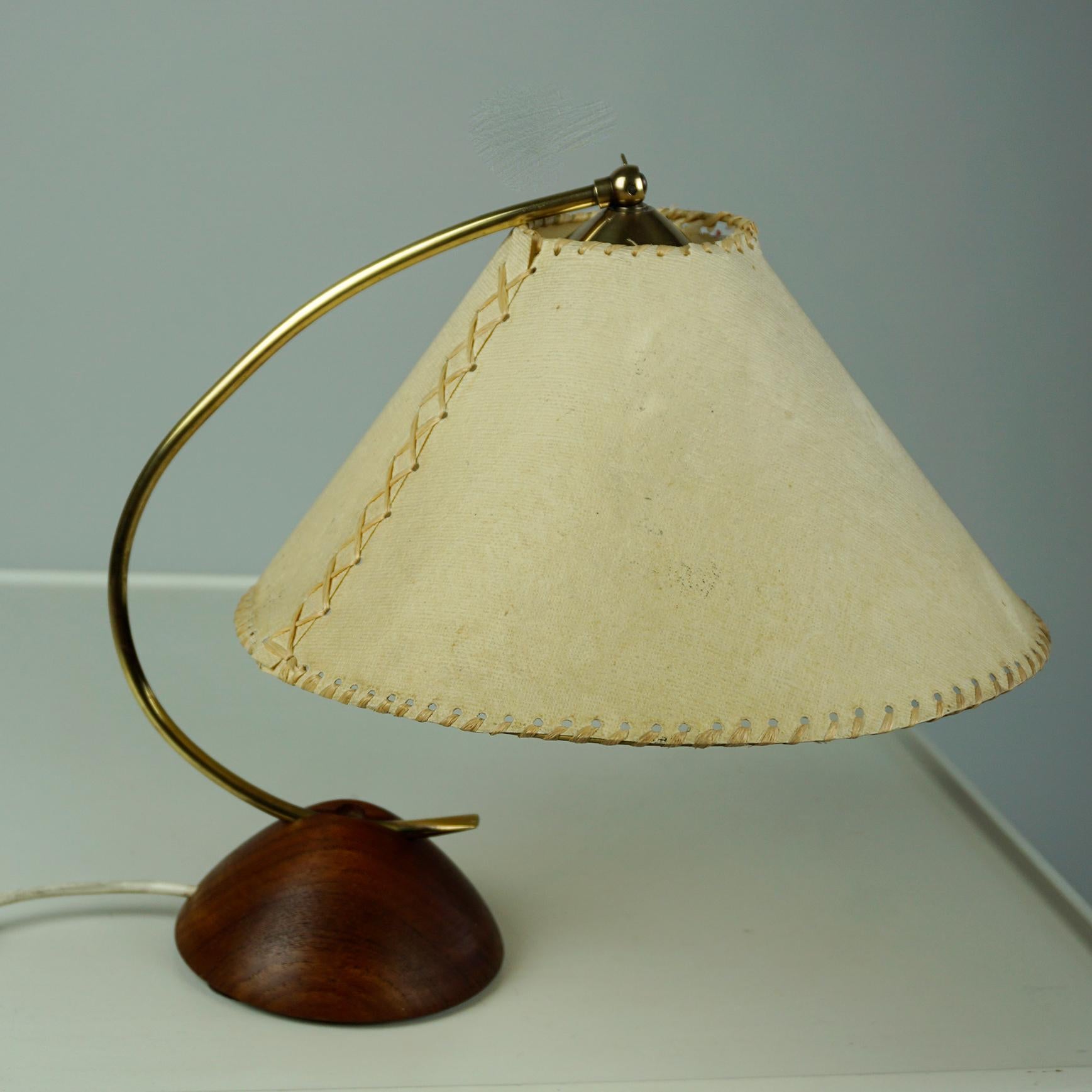 Mid-20th Century Scandinavian Modern Teak and Brass Table Lamp with Original Paper Shade For Sale