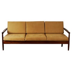Scandinavian Modern Teak and cognac Fabric Three Seat Sofa