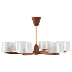 Scandinavian Modern teak and frosted glass Danish Chandelier