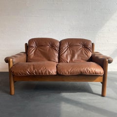 Scandinavian Modern Teak And Leather Loveseat Sofa