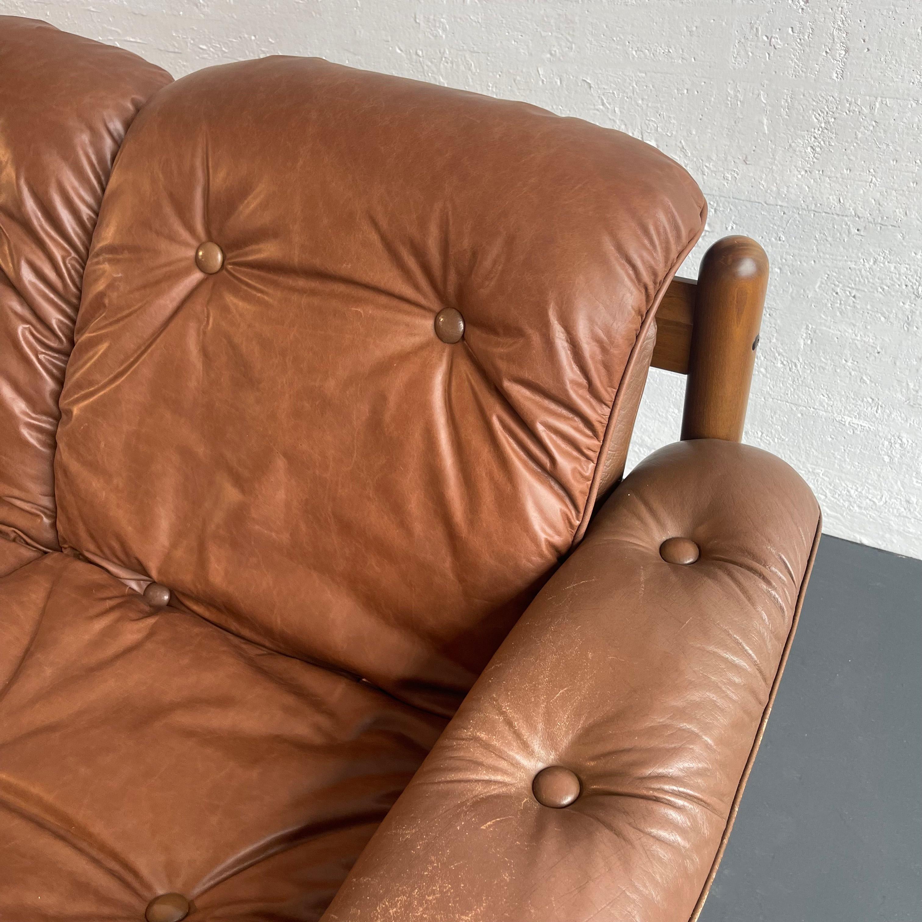 20th Century Scandinavian Modern Teak And Leather Loveseat Sofa