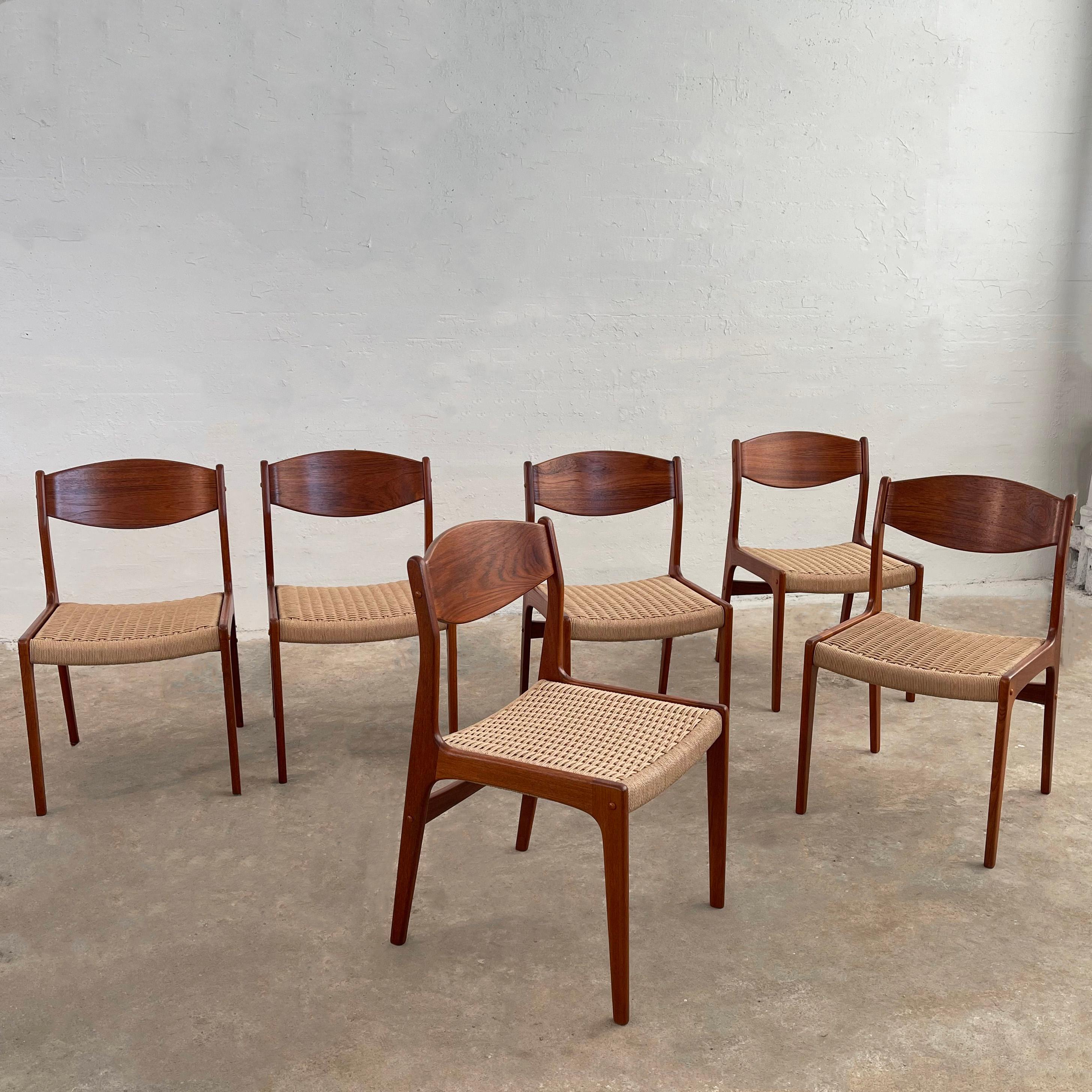 Danish Scandinavian Modern Teak And Rope Weave Dining Chairs  For Sale