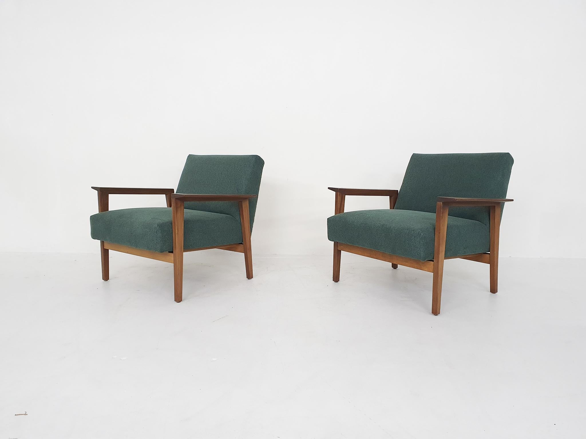 Mid-Century Modern Scandinavian Modern Teak Arm Chairs with New Green Upholstery, 1960's