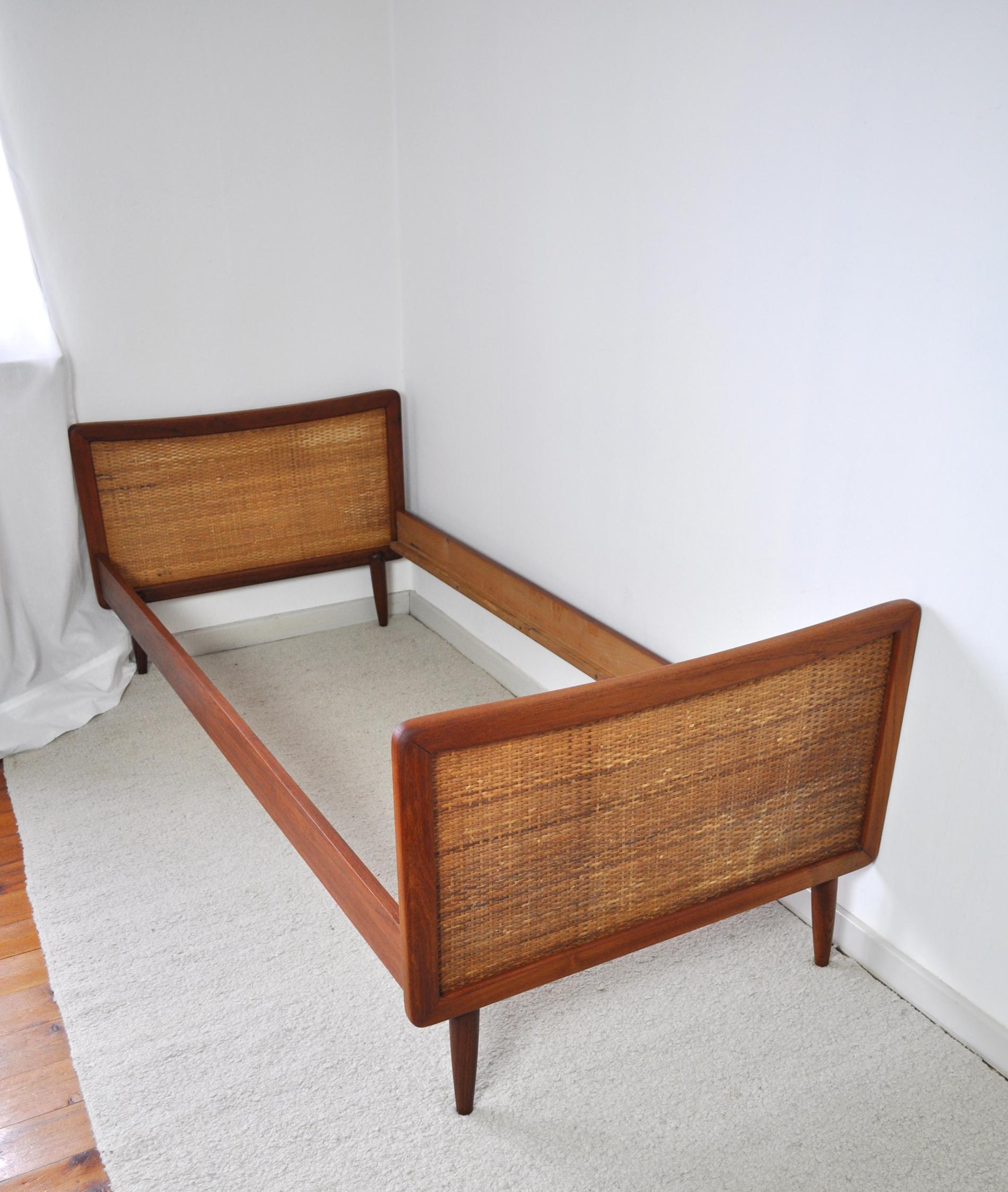 20th Century Scandinavian Modern Teak Bed with Woven Cane Head and Footboard