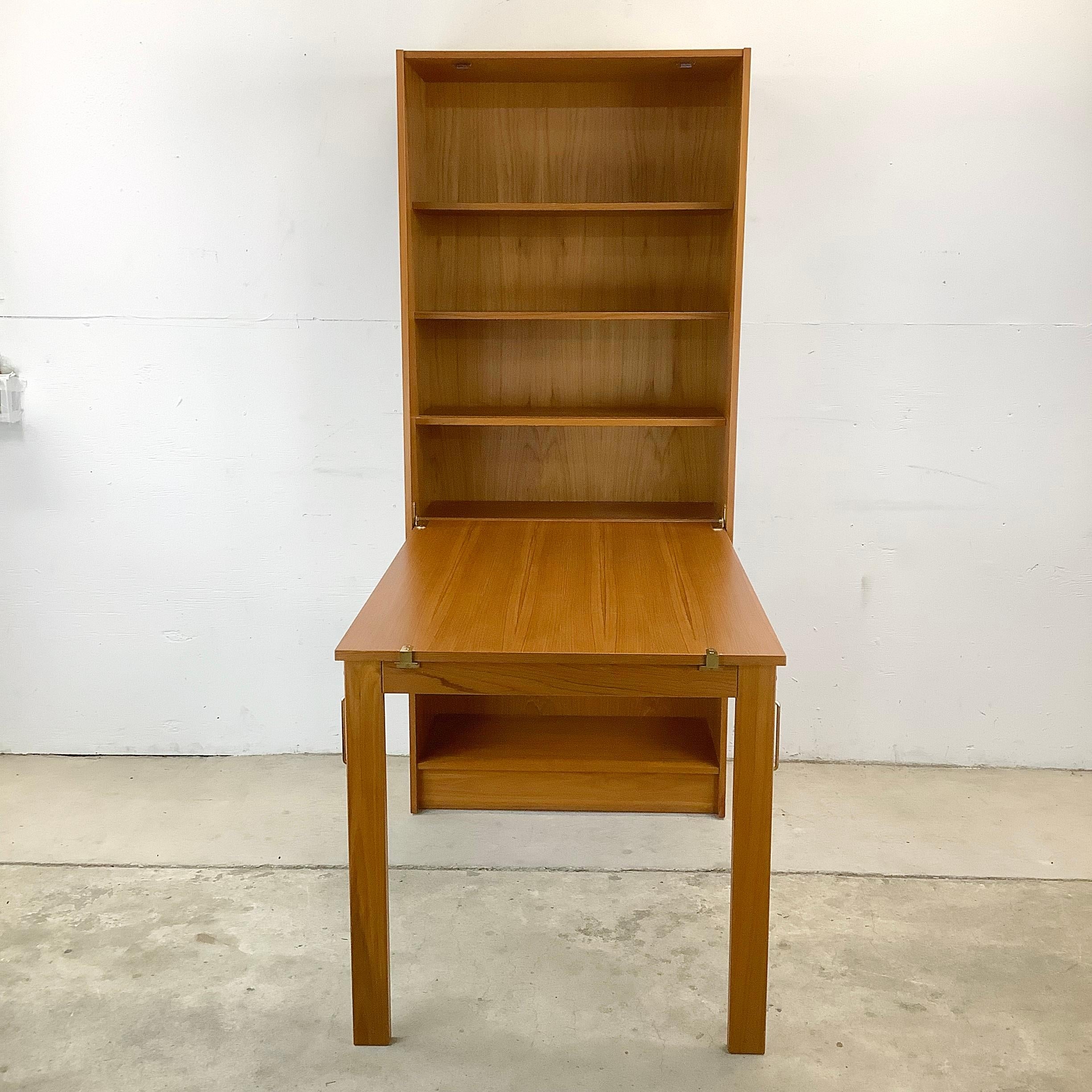Add character and mid-century appeal to any workspace with this Scandinavian modern teak bookshelf with drop-front desk, a dual-function marvel that brings the elegance of Danish design to your home. With its rich, warm hues and cleverly integrated