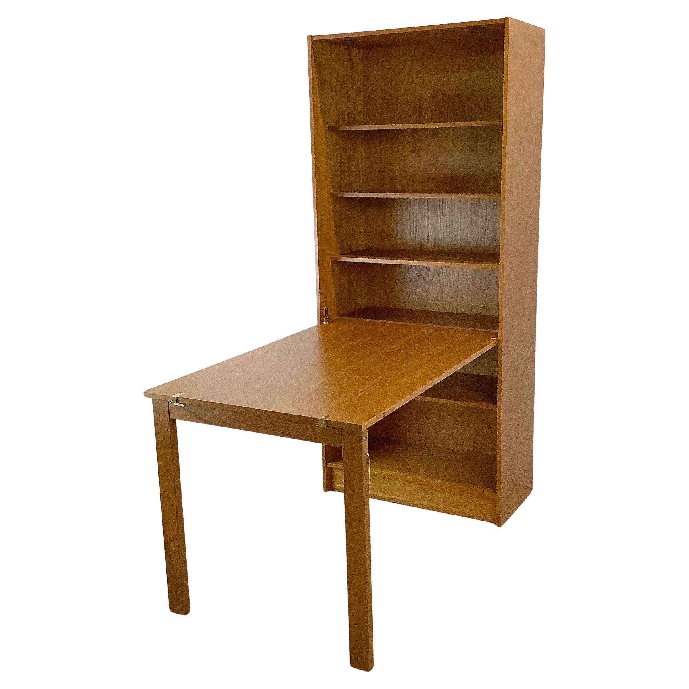 Scandinavian Modern Teak Bookcase With Drop Front Desk by Domino Møbler