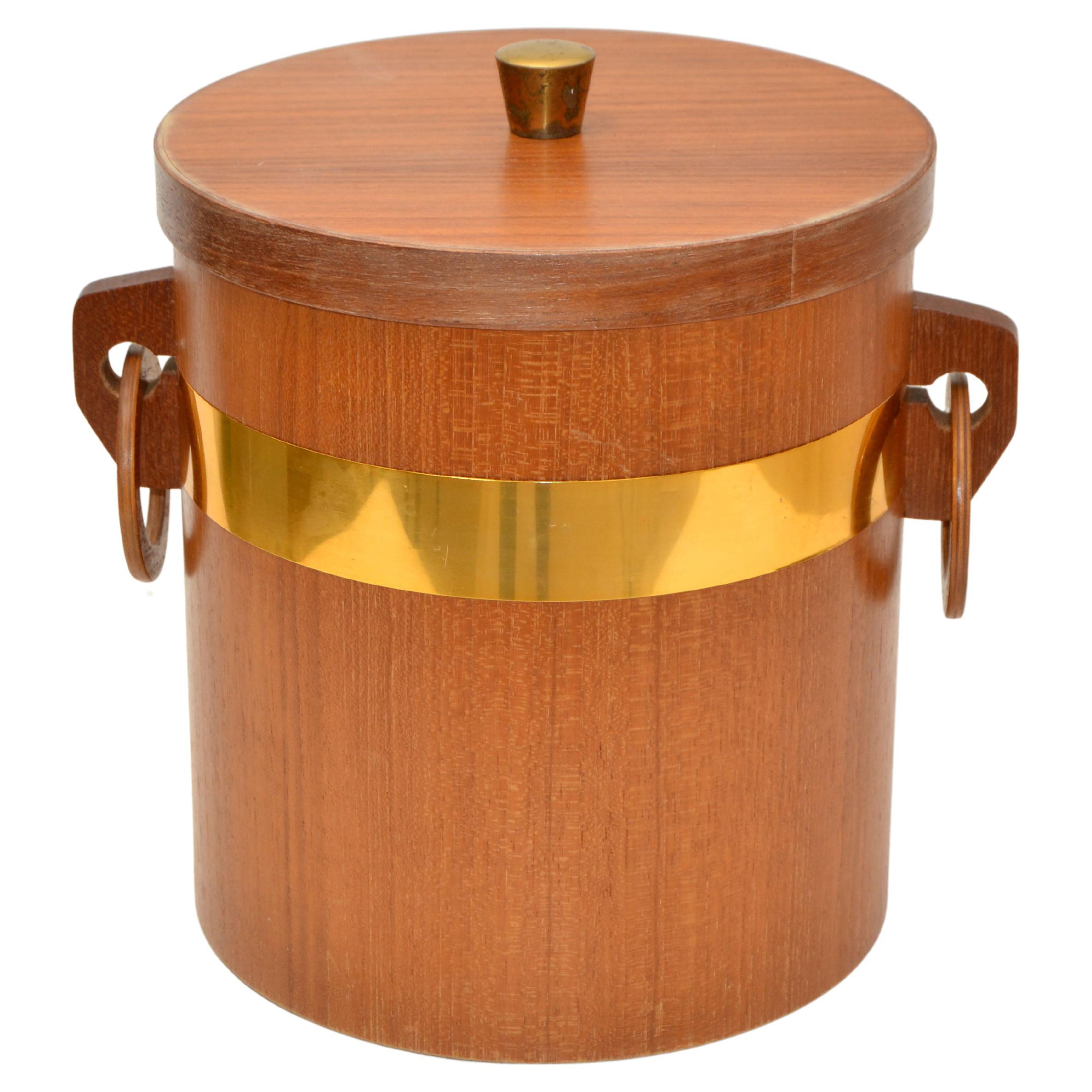 Scandinavian Modern Teak & Brass Lidded Ice Bucket Plastic Insulation 1970 For Sale