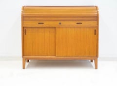 Scandinavian Modern Teak Cabinet with Sliding Doors and Roll-up Flap