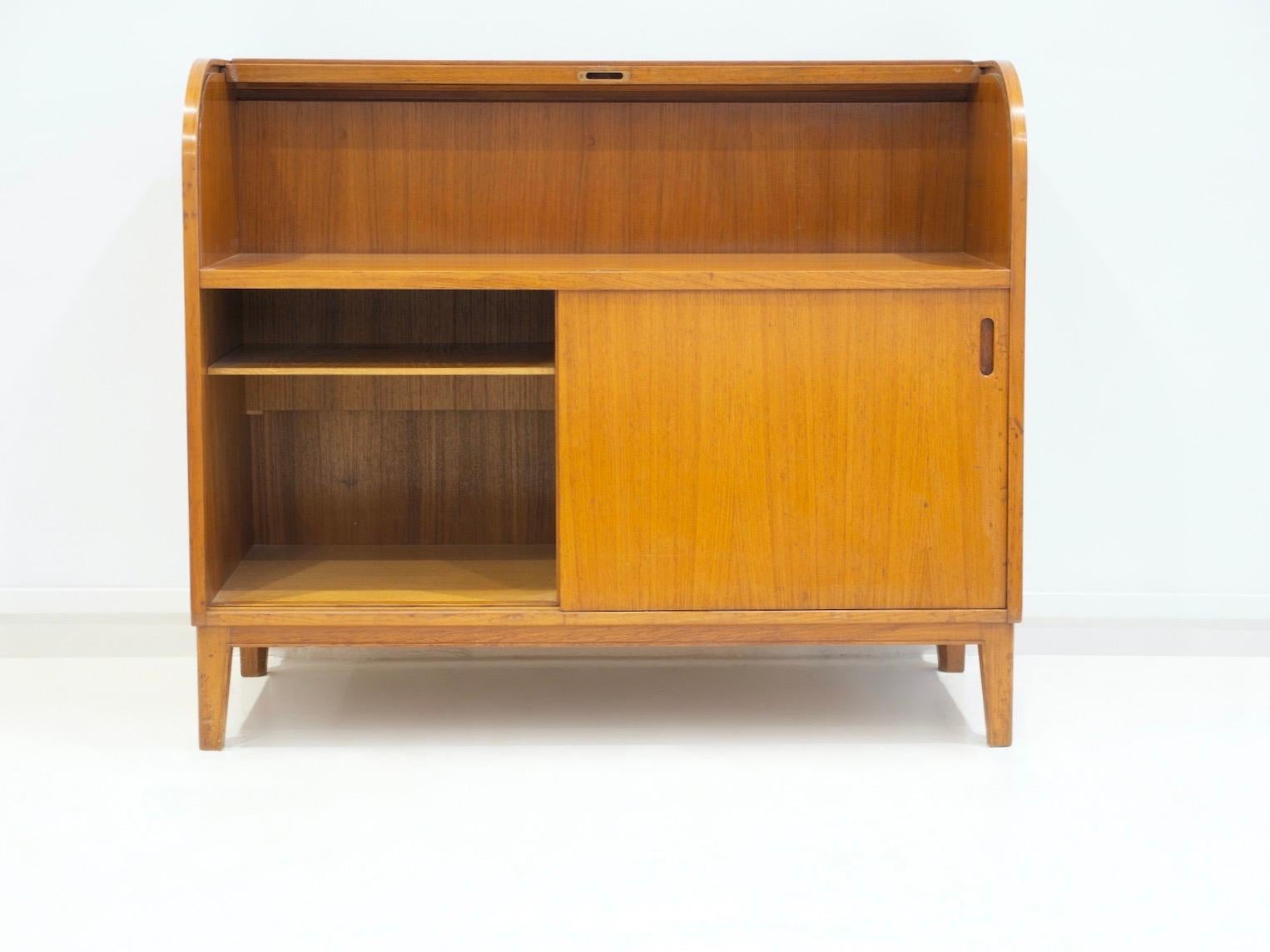 Veneer Scandinavian Modern Teak Cabinet with Sliding Doors and Roll-up Flap For Sale