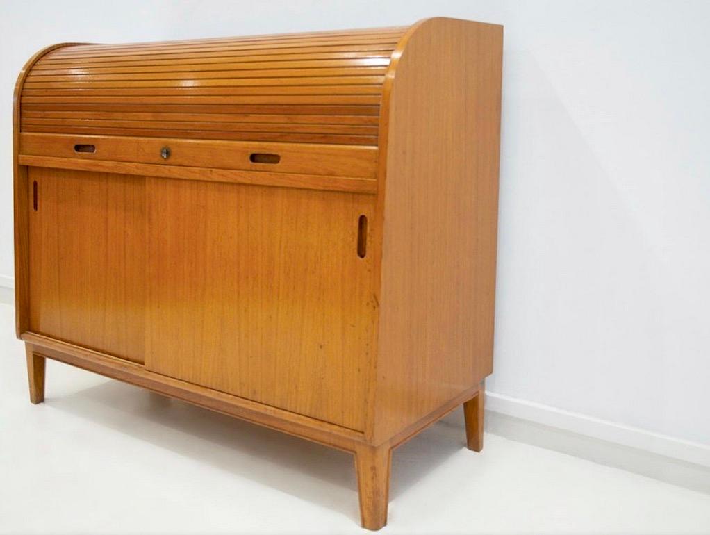 20th Century Scandinavian Modern Teak Cabinet with Sliding Doors and Roll-up Flap For Sale