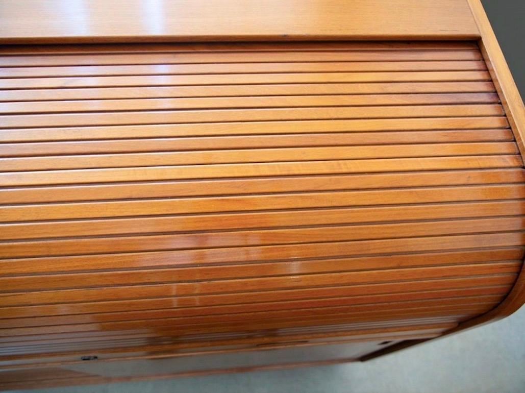 Scandinavian Modern Teak Cabinet with Sliding Doors and Roll-up Flap For Sale 3