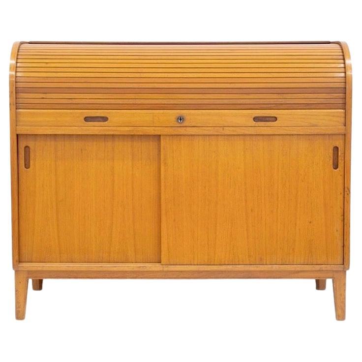 Scandinavian Modern Teak Cabinet with Sliding Doors and Roll-up Flap