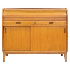 Scandinavian Modern Teak Cabinet with Sliding Doors and Roll-up Flap