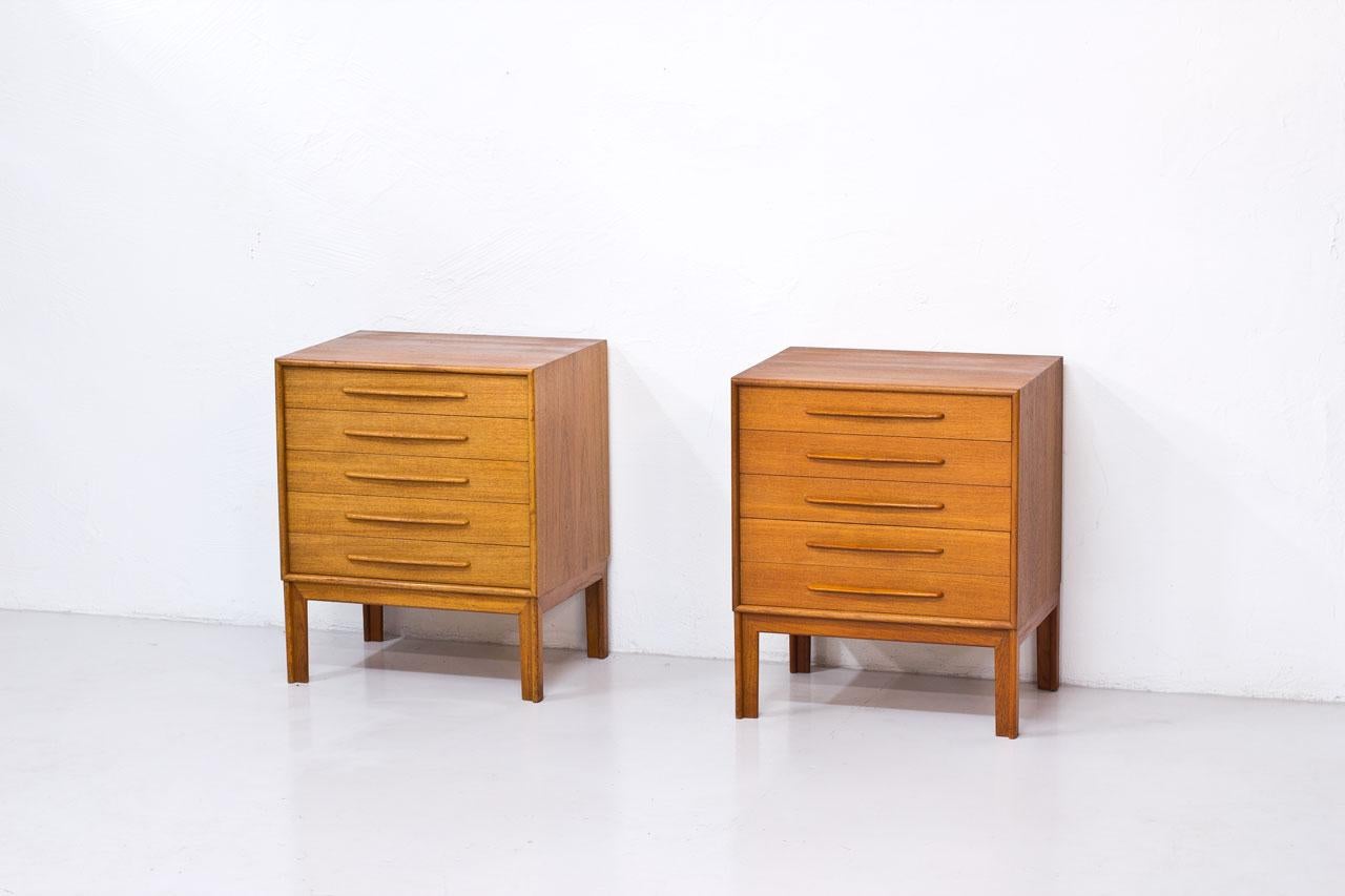 Pair of chest of drawers designed by Alf Svensson. Manufactured by Bjästa Möbelfabrik, Sweden during the 1960s. Made from teak with nicely sculpted handles. Stamped in the back.