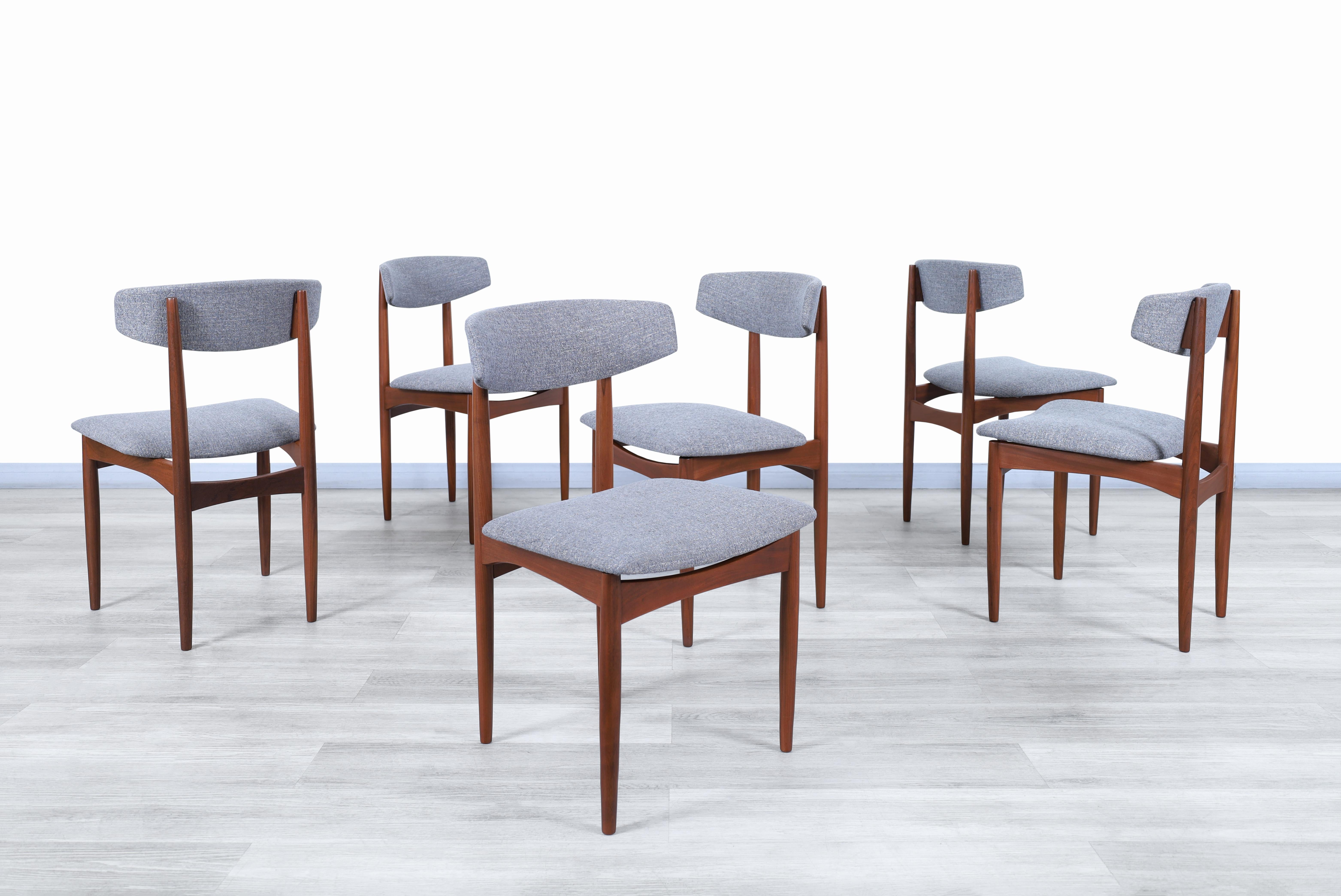 Amazing midcentury teak dining chairs designed and manufactured in the Scandinavian peninsula, circa 1960s. Each chair that makes up this set has a design focused on user comfort and stands out for the Fine choice of materials used for its
