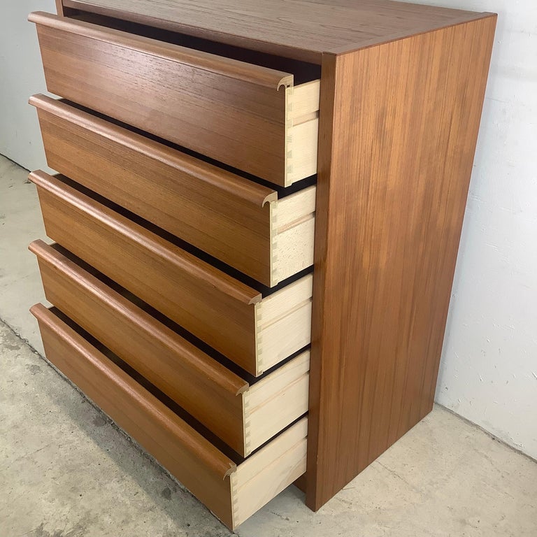 Scandinavian Modern Teak Five Drawer Highboy Dresser For Sale at 1stDibs