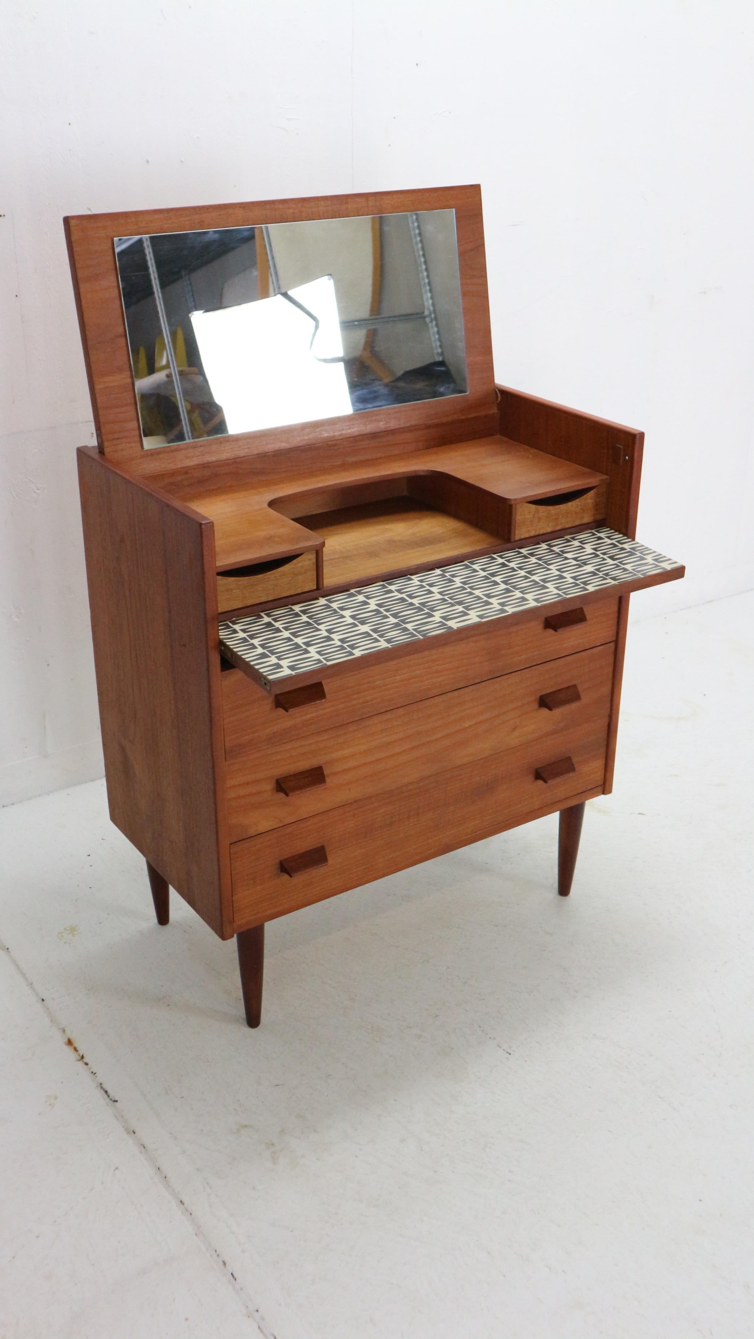Danish Scandinavian Modern Teak Flip-Top Make Up Table- Dresser, 1960's Denmark