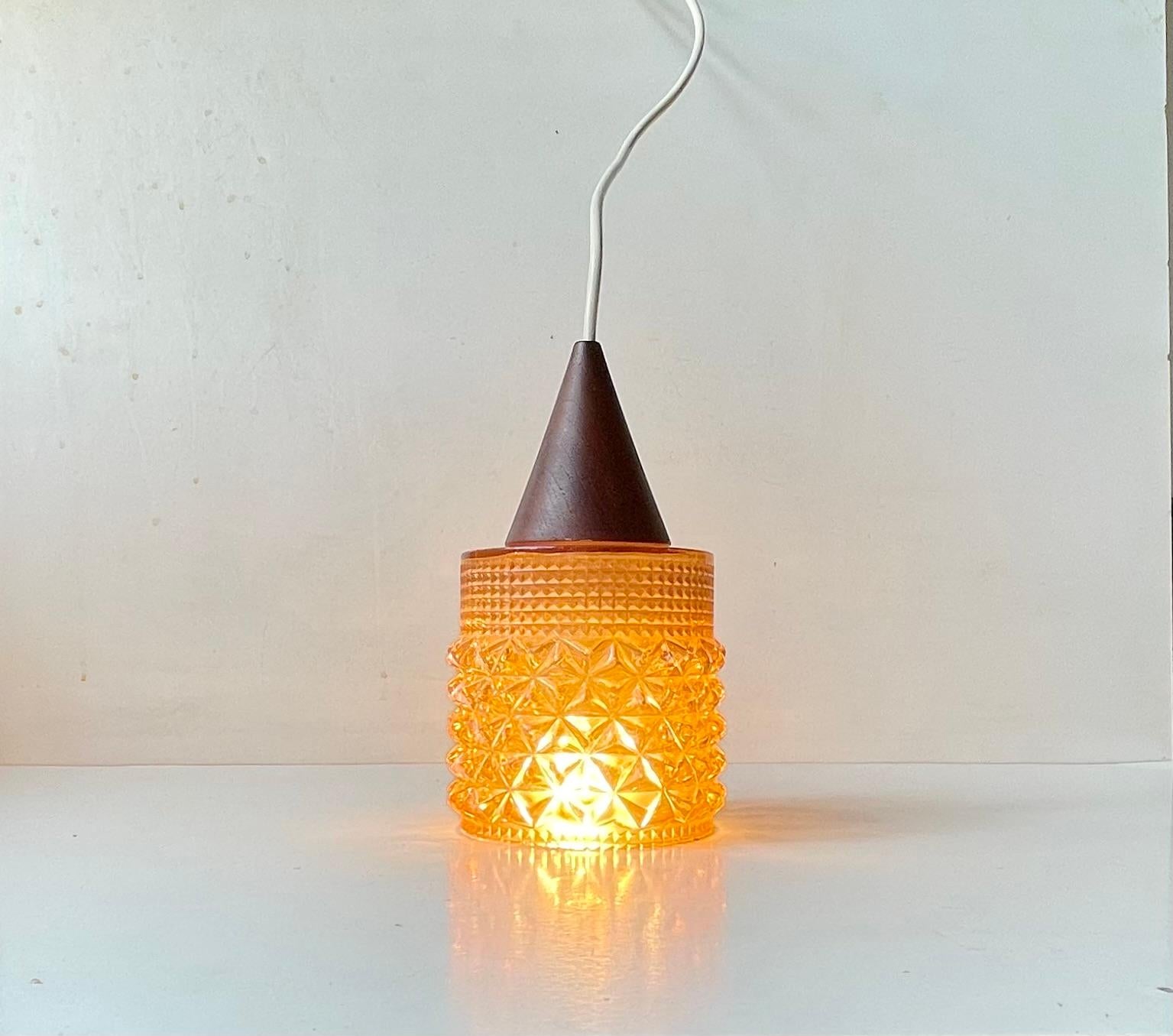 Mid-20th Century Scandinavian Modern Teak & Honey Glass Pendant Lamp, 1960s For Sale