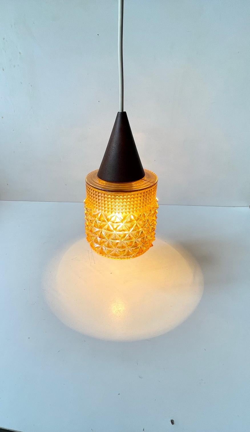 Scandinavian Modern Teak & Honey Glass Pendant Lamp, 1960s For Sale 1