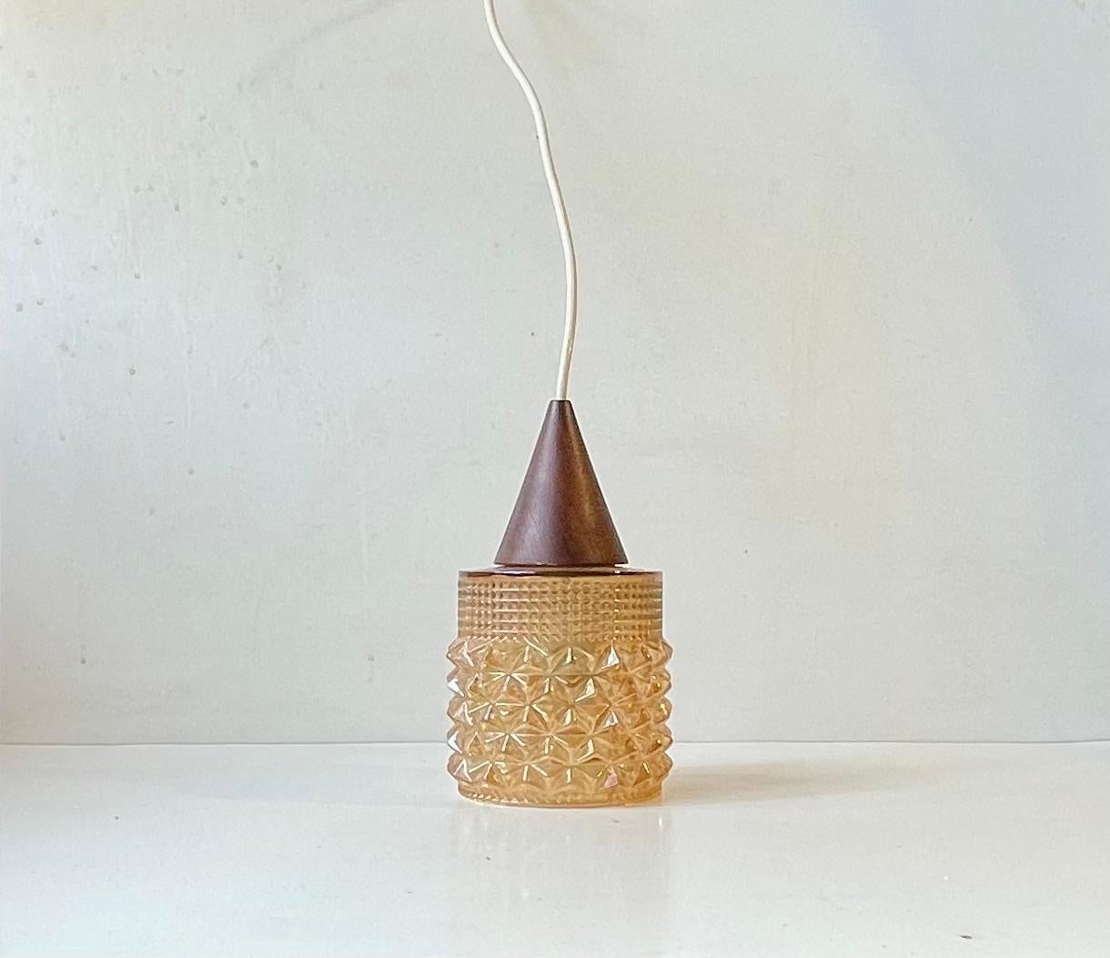 Scandinavian Modern Teak & Honey Glass Pendant Lamp, 1960s For Sale 2