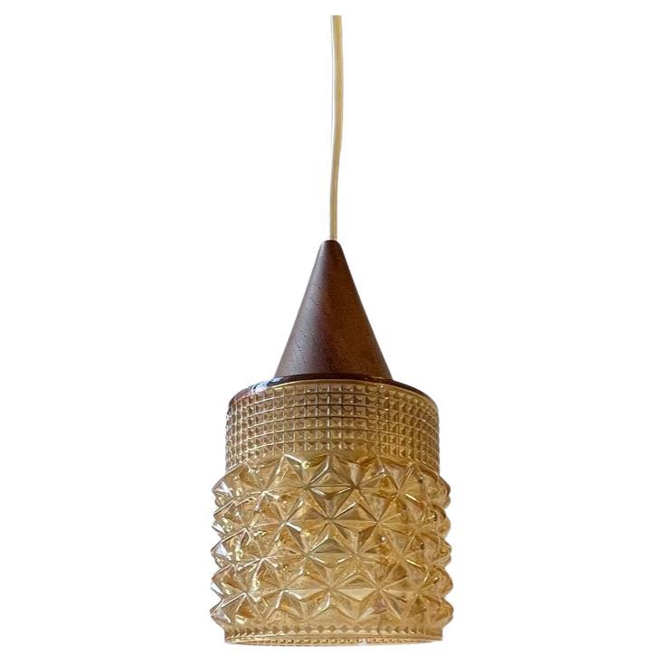 Scandinavian Modern Teak & Honey Glass Pendant Lamp, 1960s For Sale