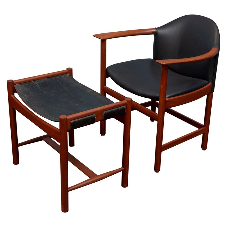 Scandinavian Modern Teak Leather Armchair and Ottoman at 1stDibs