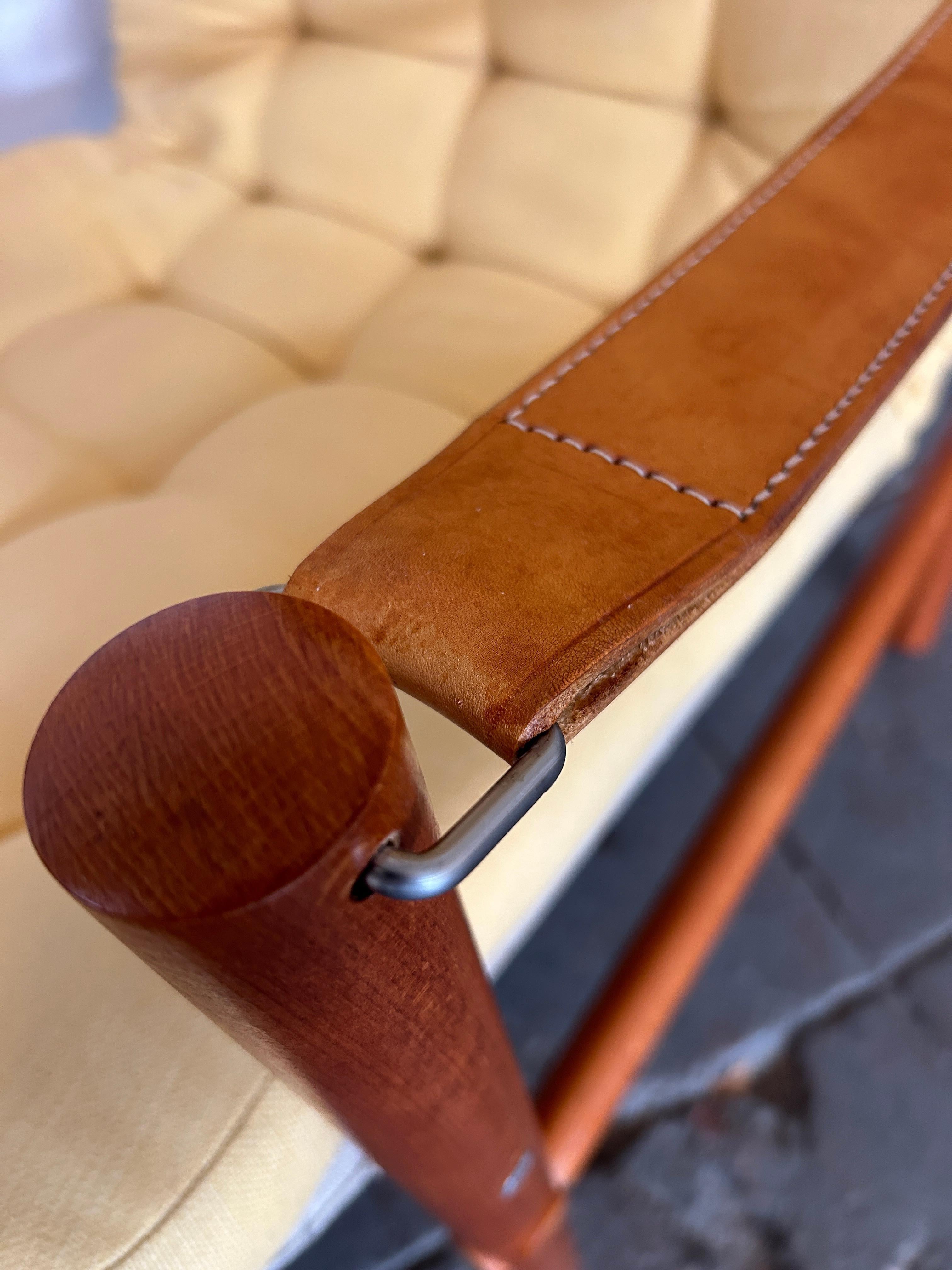 Woodwork Scandinavian modern teak leather safari lounge chair with ottoman yellow