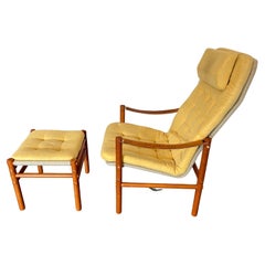 Scandinavian modern teak leather safari lounge chair with ottoman yellow