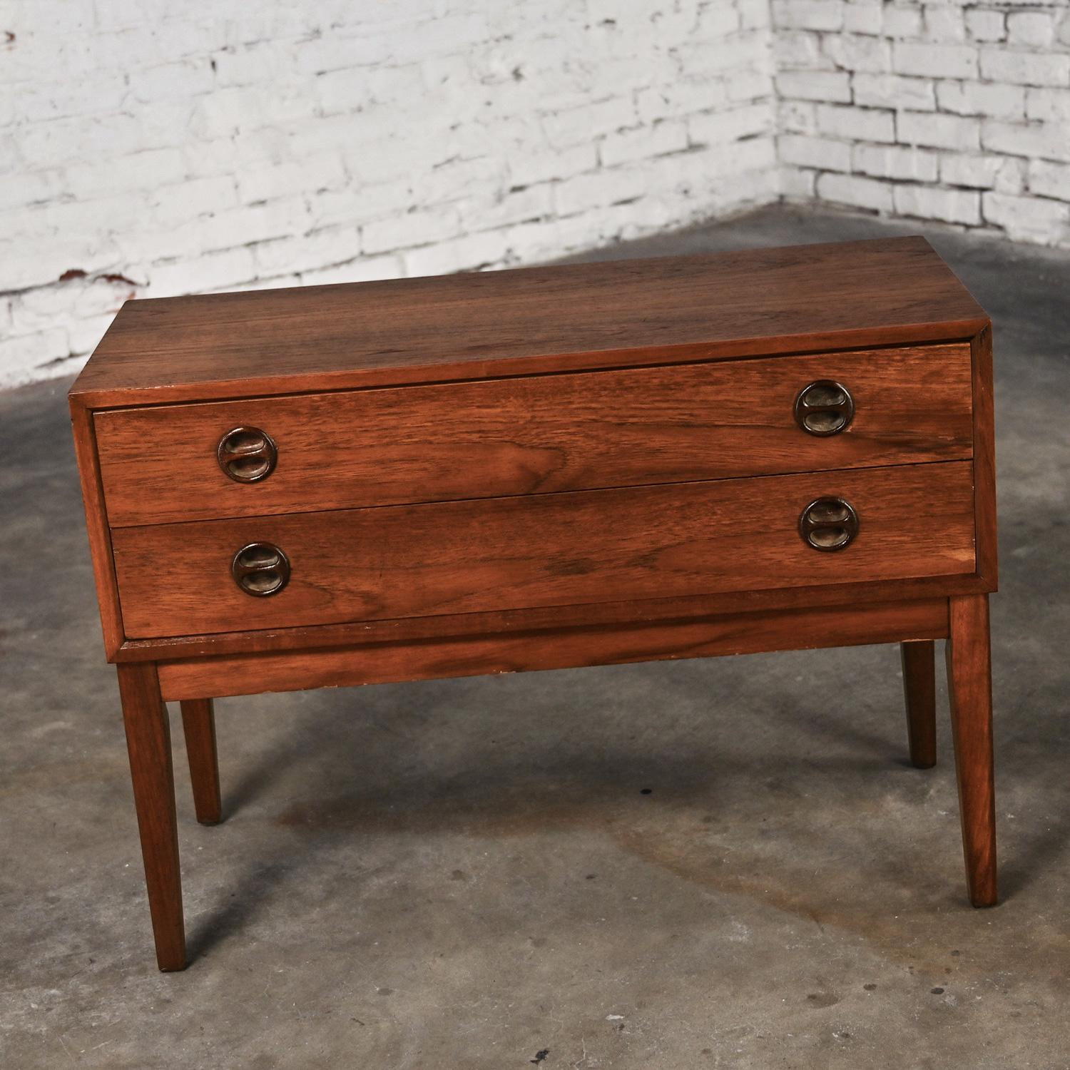 Fabulous 1950-1960’s Scandinavian Modern teak 2 drawer low bench, dresser, cabinet, or credenza attributed to Arne Wahl Iversen for vintage IKEA. This piece has been attributed based upon archived research including online sources, vintage