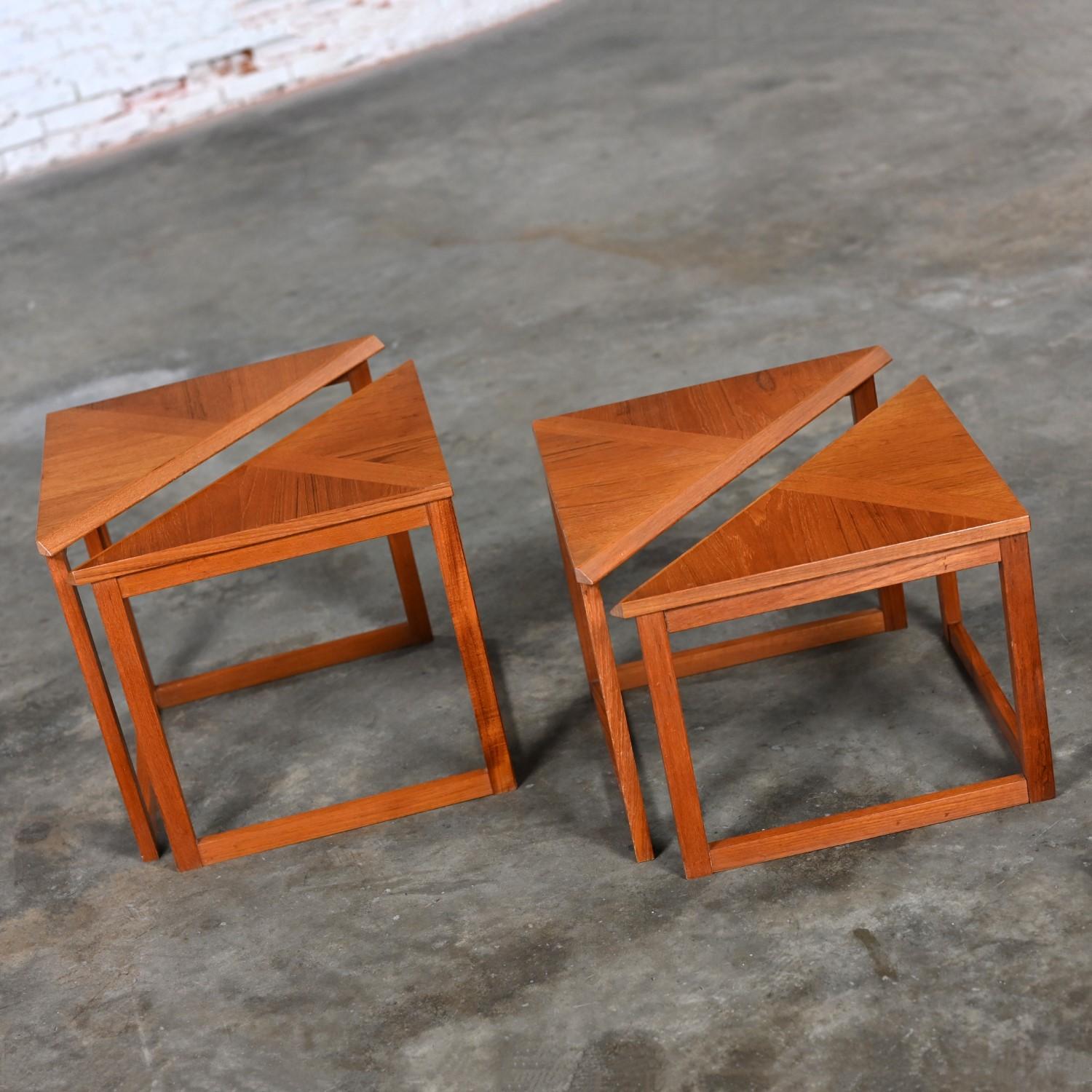 Scandinavian Modern Teak & Oak Triangle Nesting Tables Set of 4 Made in Denmark 7