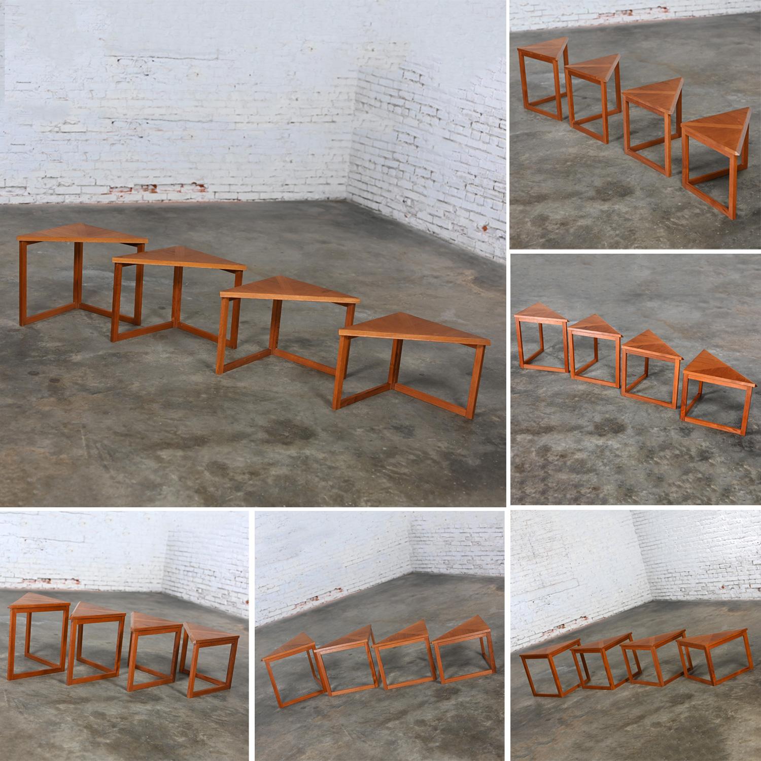 Scandinavian Modern Teak & Oak Triangle Nesting Tables Set of 4 Made in Denmark 9