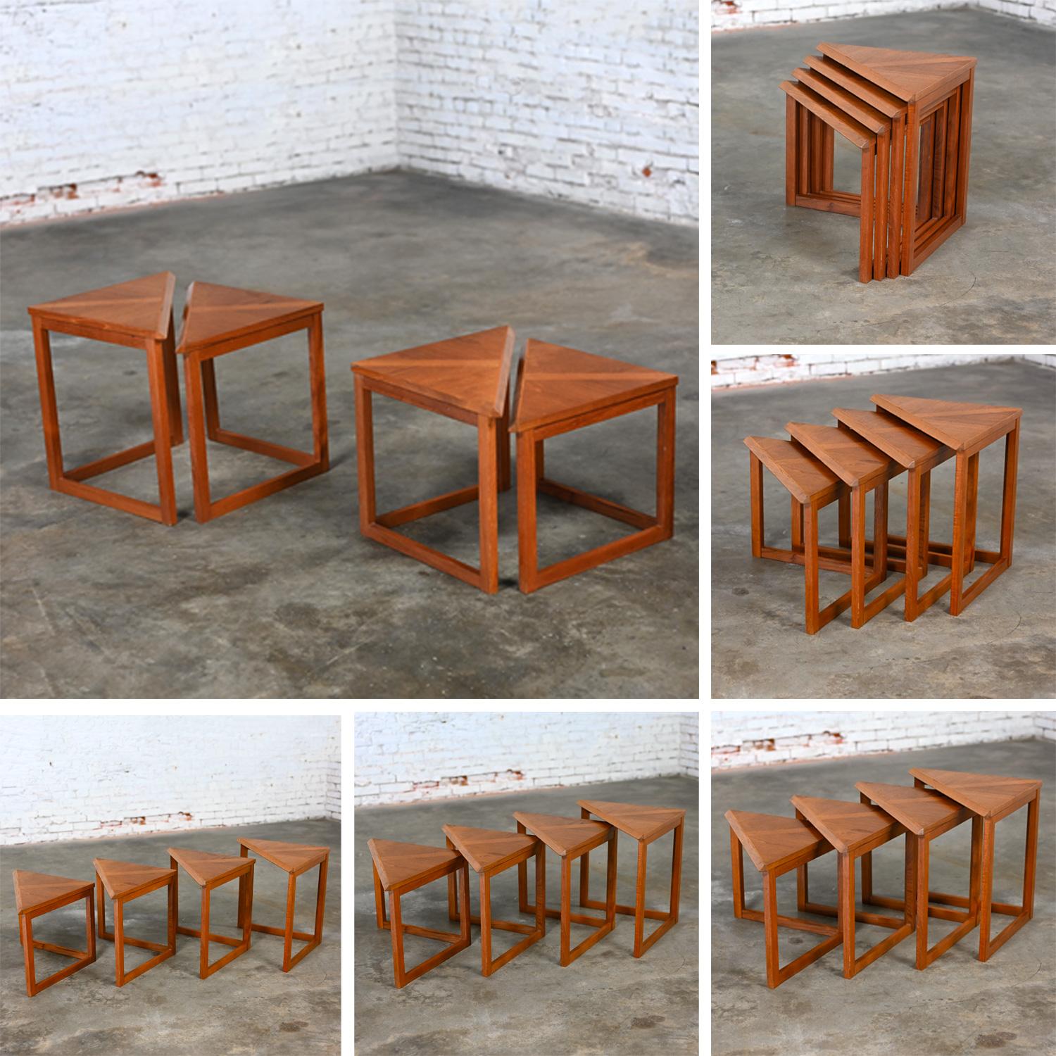 Scandinavian Modern Teak & Oak Triangle Nesting Tables Set of 4 Made in Denmark 10