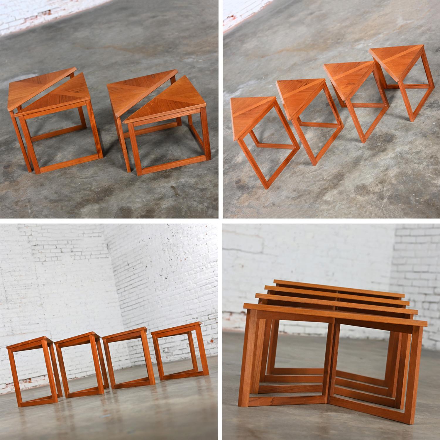 Scandinavian Modern Teak & Oak Triangle Nesting Tables Set of 4 Made in Denmark 11
