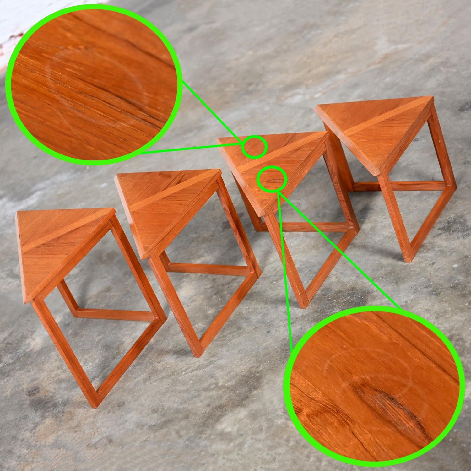Scandinavian Modern Teak & Oak Triangle Nesting Tables Set of 4 Made in Denmark 12