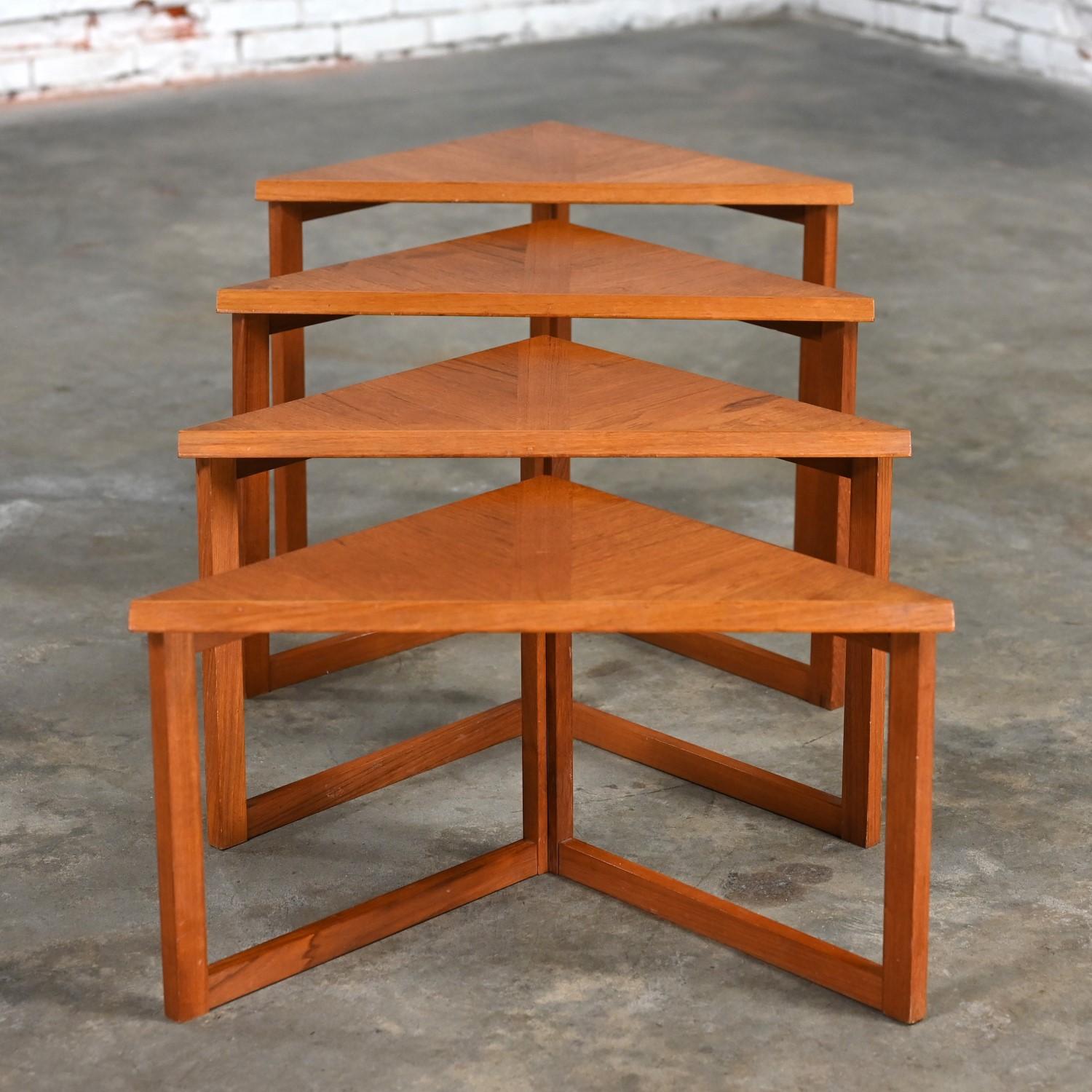 Danish Scandinavian Modern Teak & Oak Triangle Nesting Tables Set of 4 Made in Denmark