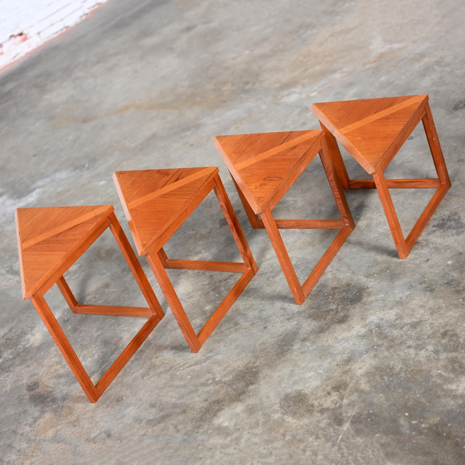 Scandinavian Modern Teak & Oak Triangle Nesting Tables Set of 4 Made in Denmark In Good Condition In Topeka, KS