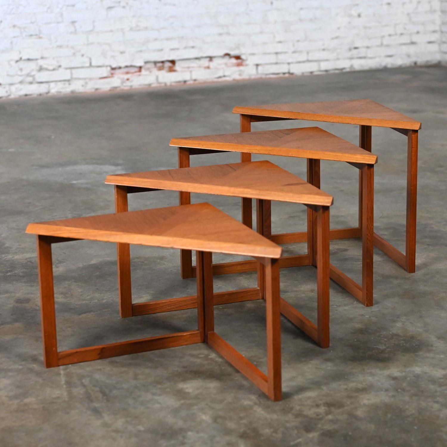 Scandinavian Modern Teak & Oak Triangle Nesting Tables Set of 4 Made in Denmark 1